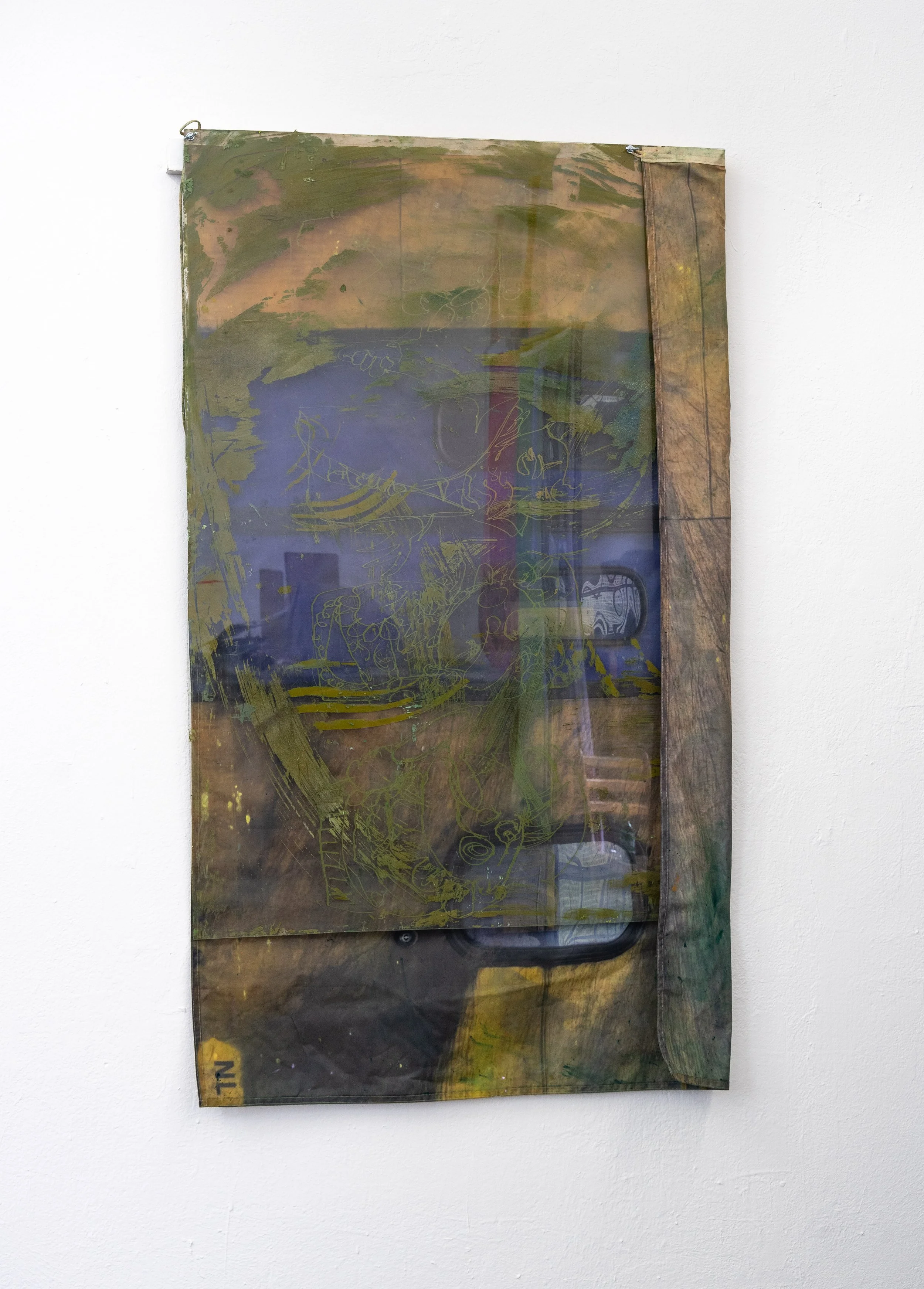 Impression of an item -  145x87cm - acrylic paint and pigment on plexiglas and printed flag hold togehter with Bolds - 2025