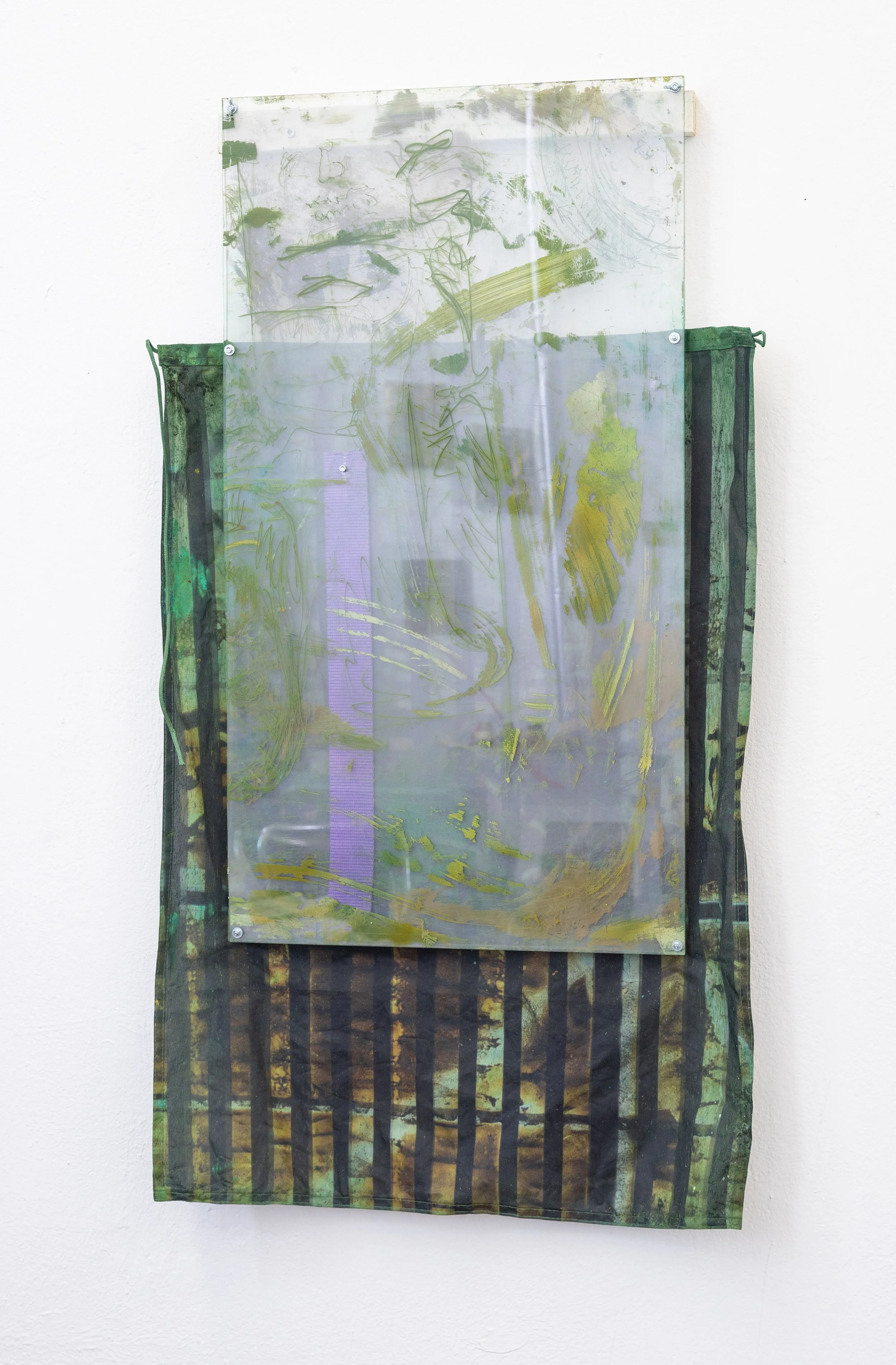 dripping simultaneously -  122.5x67cm - acrylic paint and pigment on plexiglas, rope and printed flag hold togehter with Bolds - 2025
