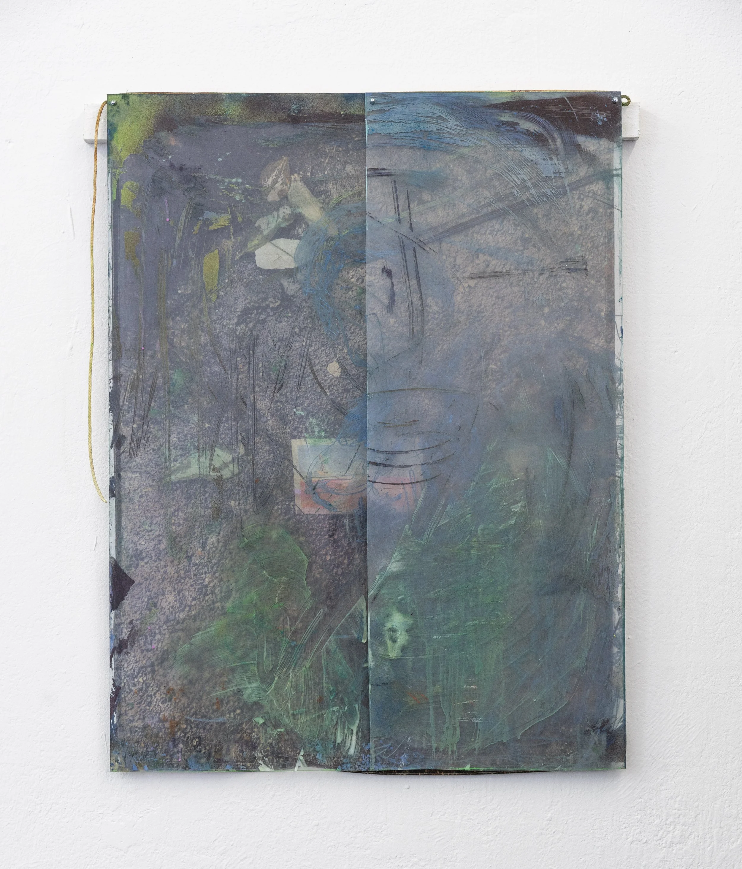 The pavement 90x68cm - acrylic paint  and water paint on plexiglas and printed flag hold togehter with Bolds - 2025