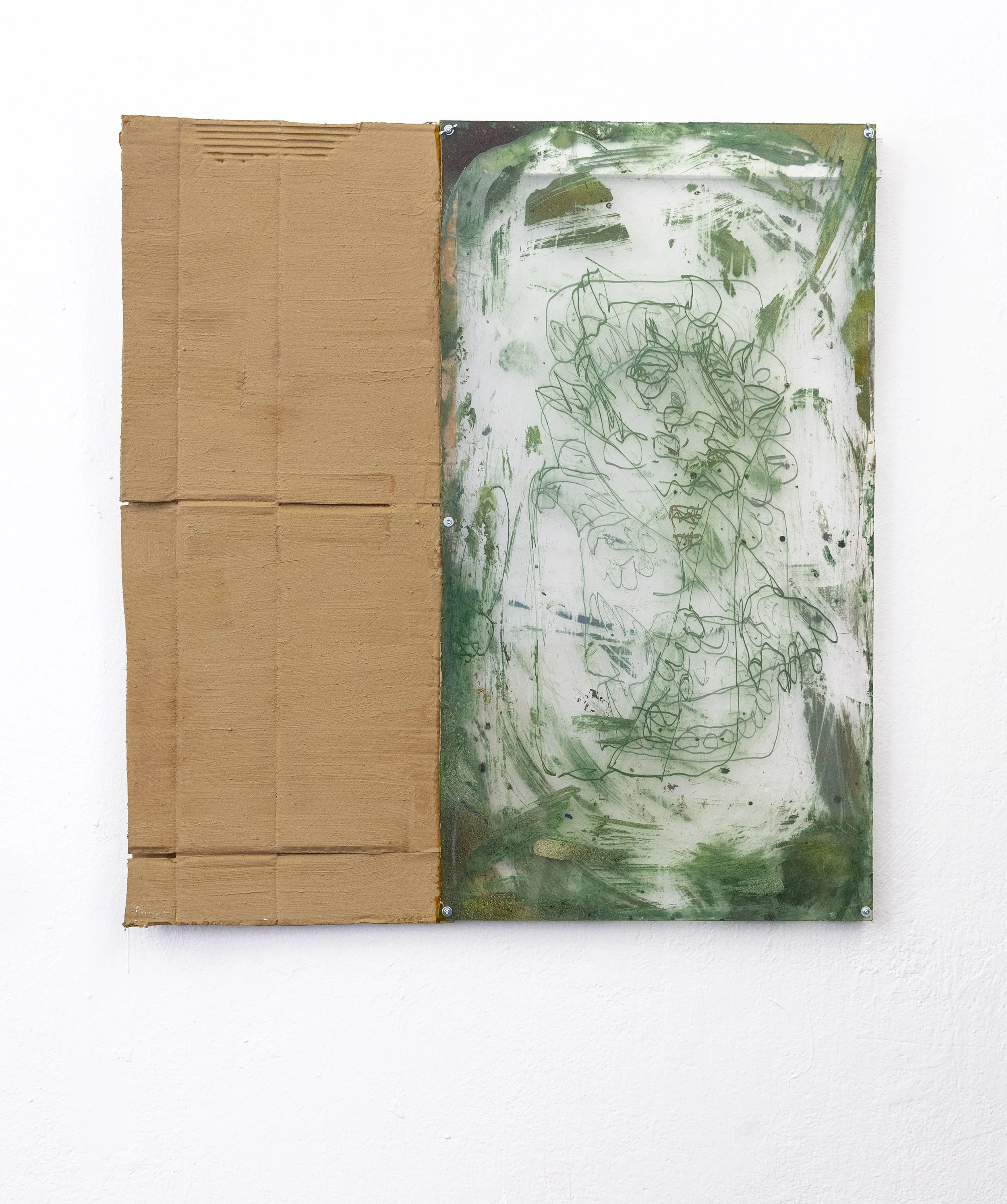 A full garbage containter - 93.5x88cm  - acrylic paint and pigment on plexiglas and cardbord hold togehter with Bolds - 2025