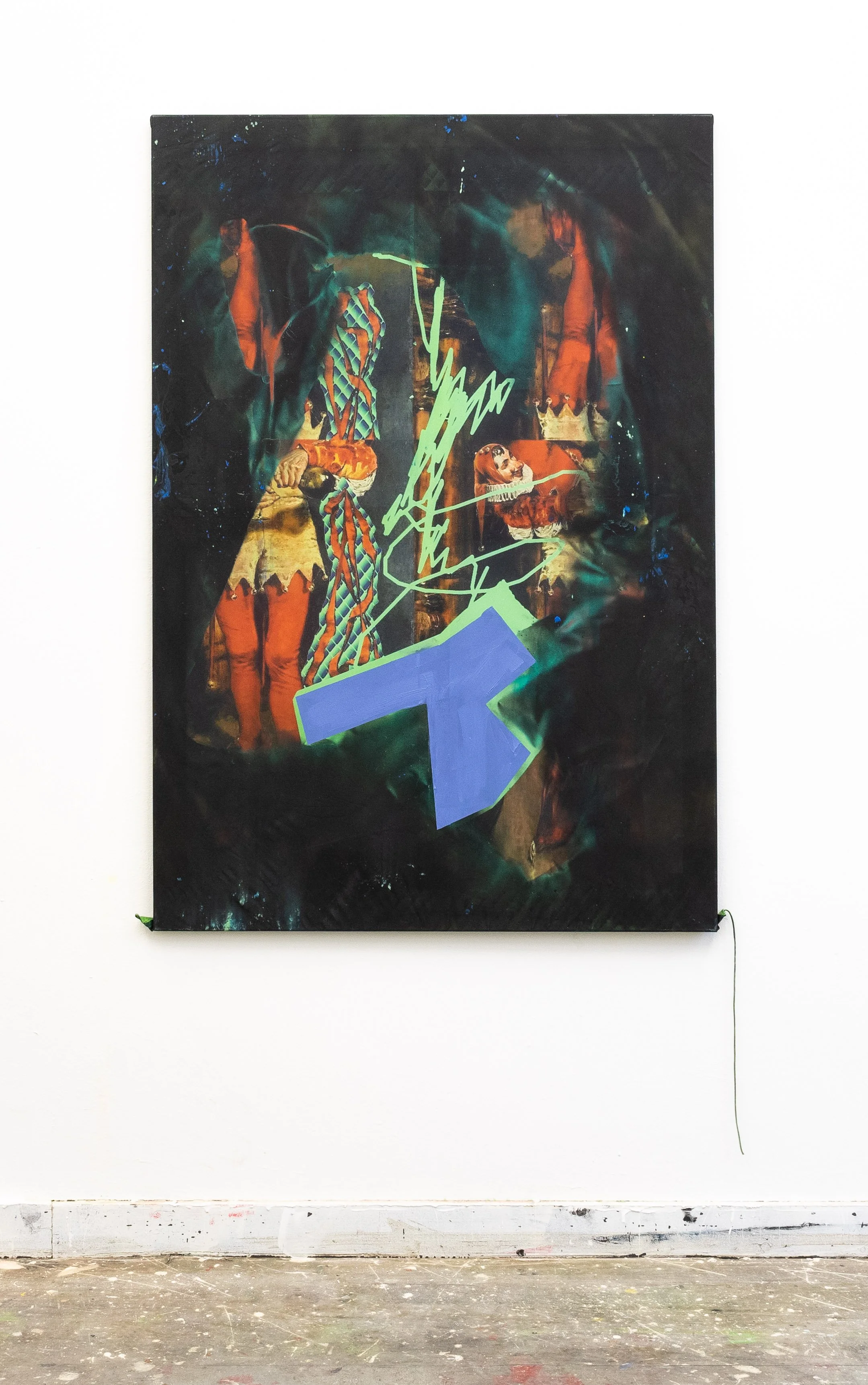 Don't shoot the messenger​ - 160cmx110cm ​ - acrylic paint on printed flag - 2022