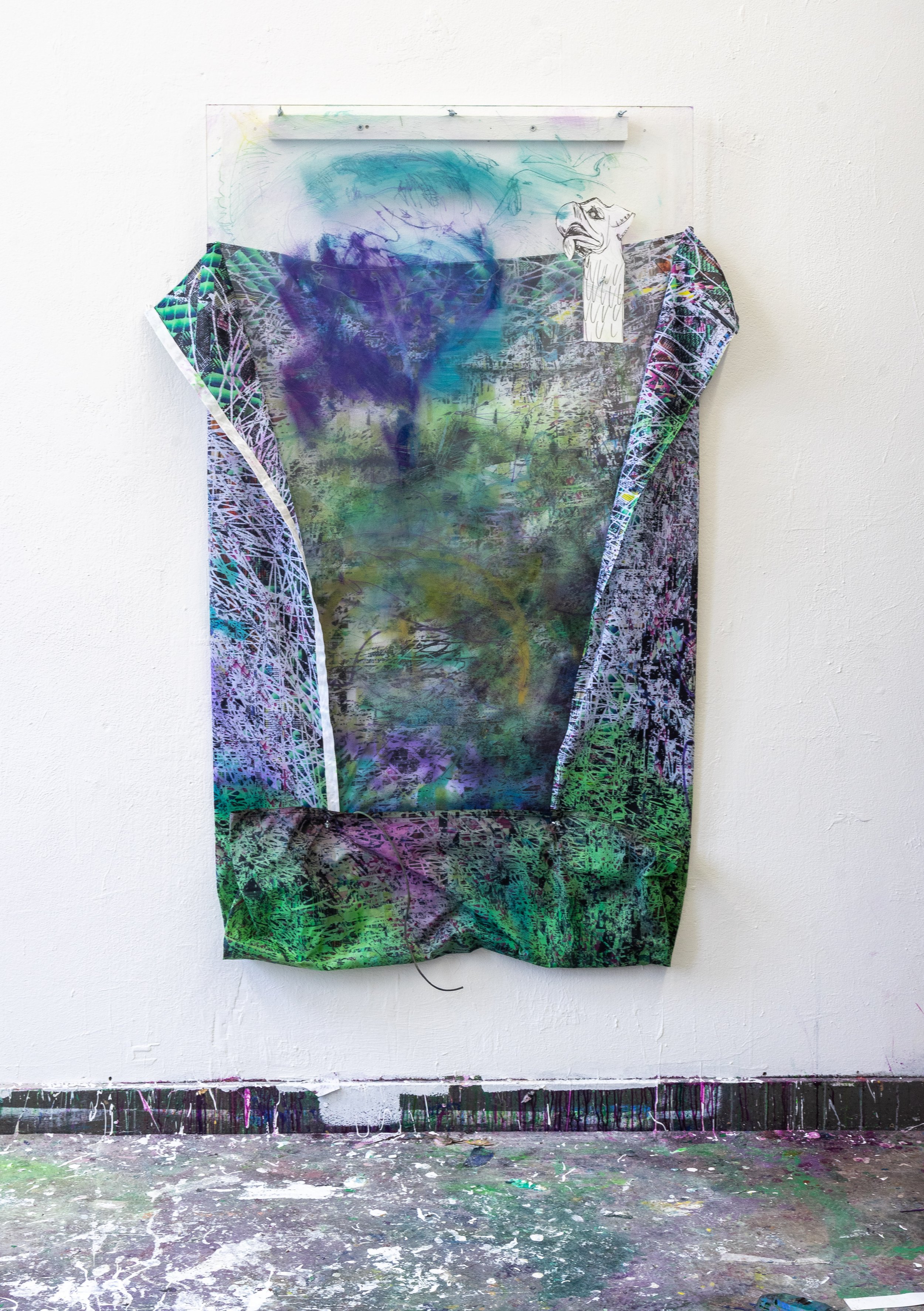 Don't ask about maze - 177cmx123cm
acrylic on printed flag, plexiglas and paper with bolts and screw. - 2024