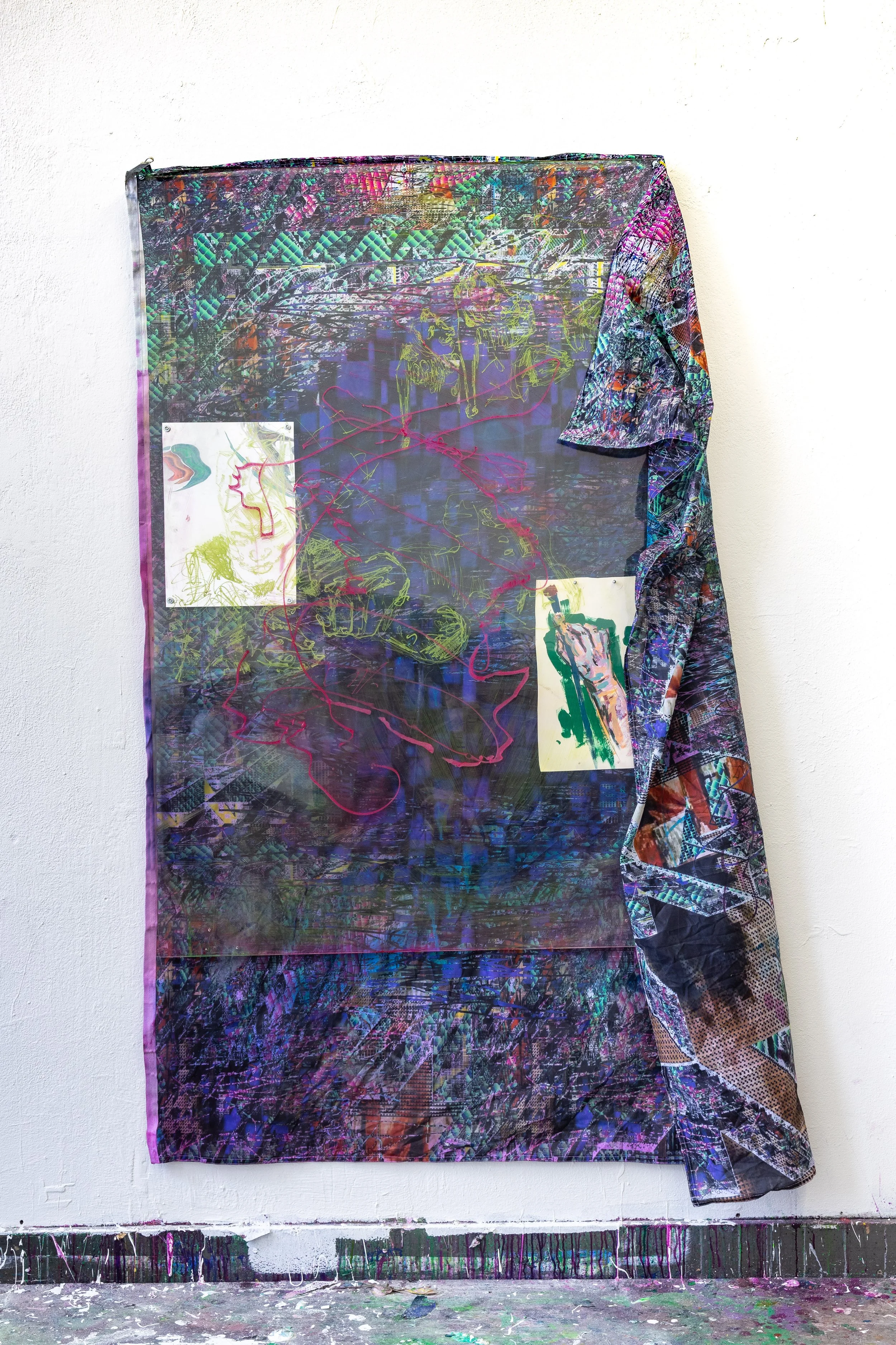 Don't ask about our face - 190cmx130cm - acrylic on printed flag, plexiglas and paper, with bolts screw and mirrored foil  - 2024