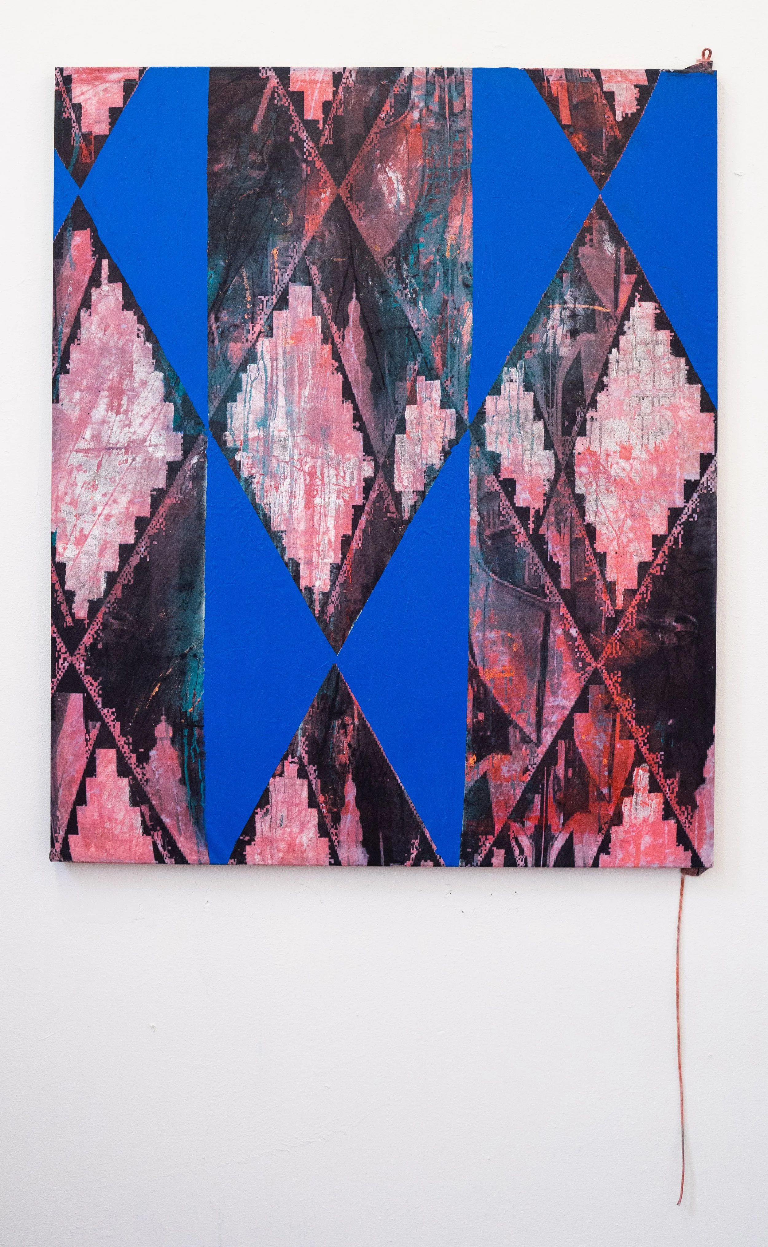 Back in a minute - Godot - 120cmx 100cm - acrylic paint on printed fabric- 2021