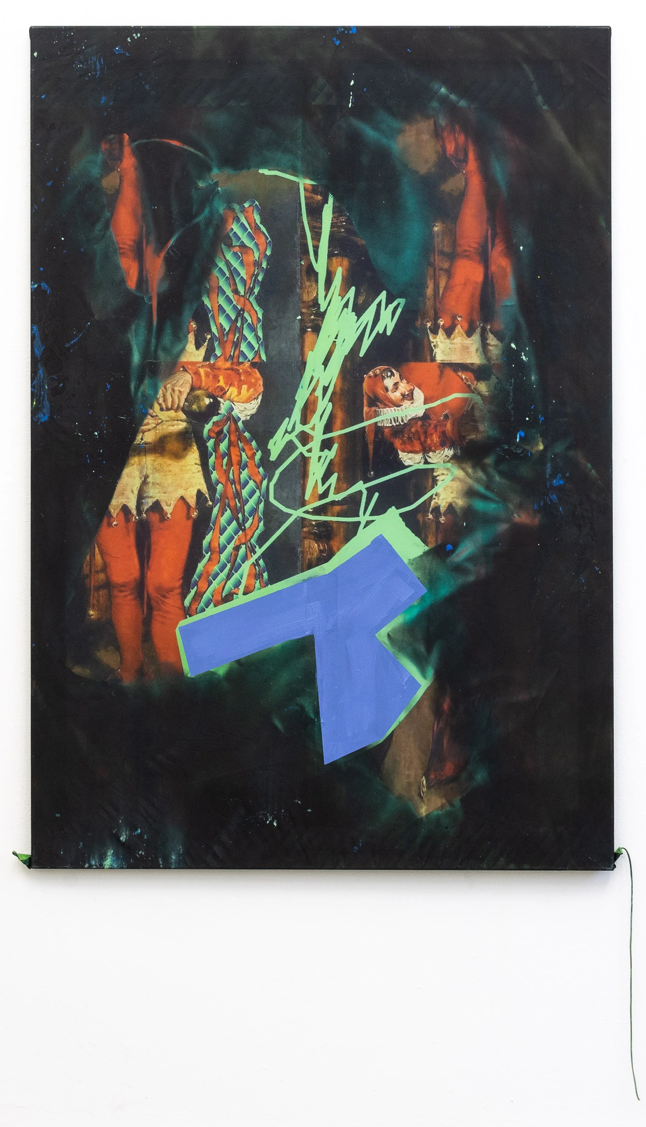 Don't shoot the messenger​ - 160cmx110cm ​ - acrylic paint on printed flag - 2022