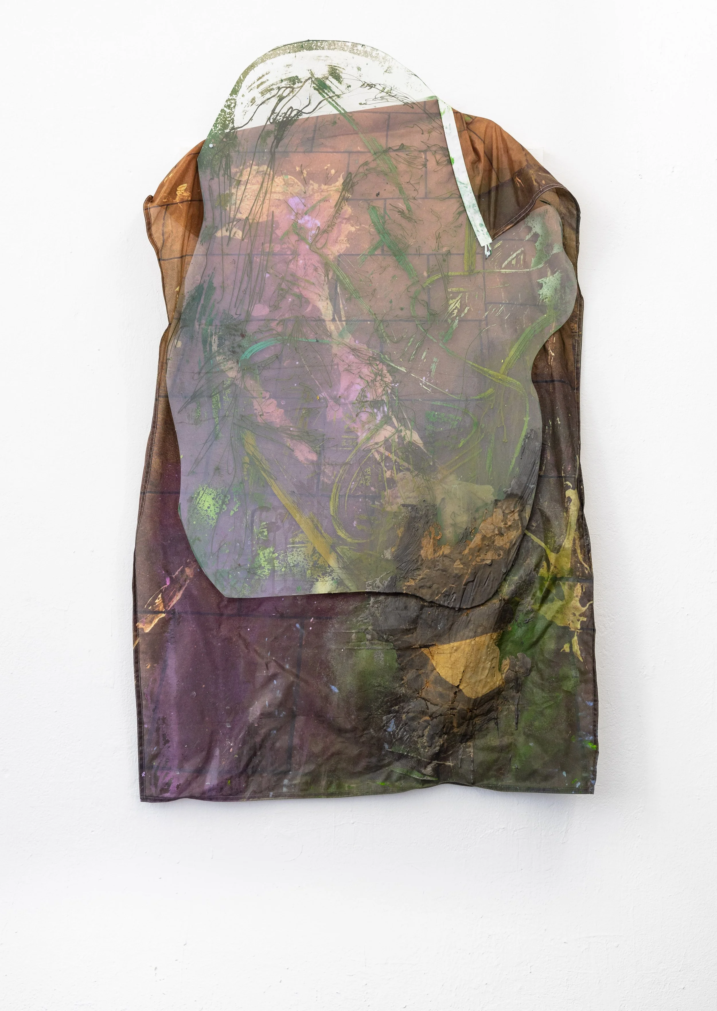 street light decay - 152x92cm- acrylic paint and pigment on plexiglas and printed flag hold togehter with Bolds - 2025