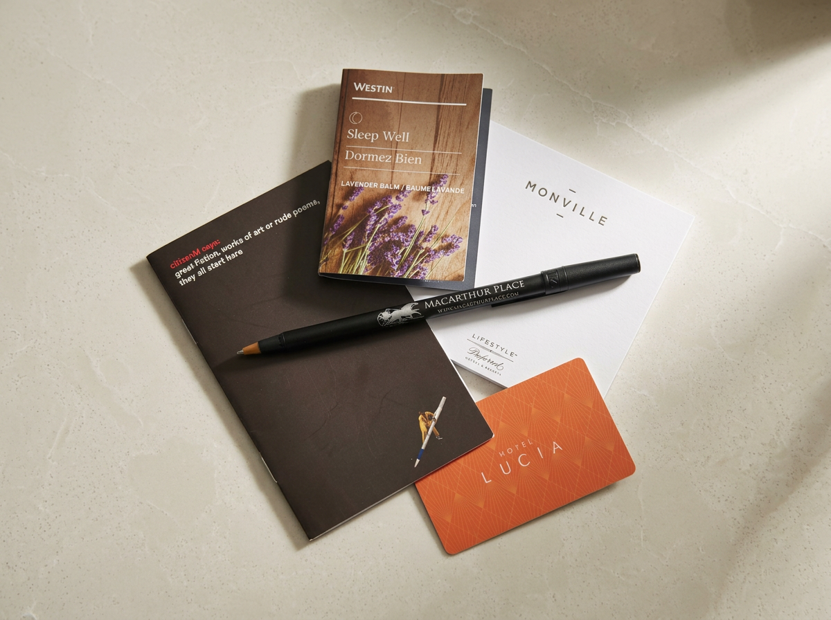 A collection of hotel collateral, arranged on a light-colored surface.