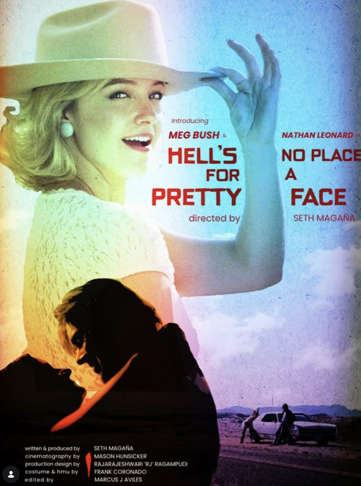 Vintage-style movie poster for “Hell’s for Pretty” featuring a woman in a white cowboy hat, silhouetted figures, and a desert car scene.