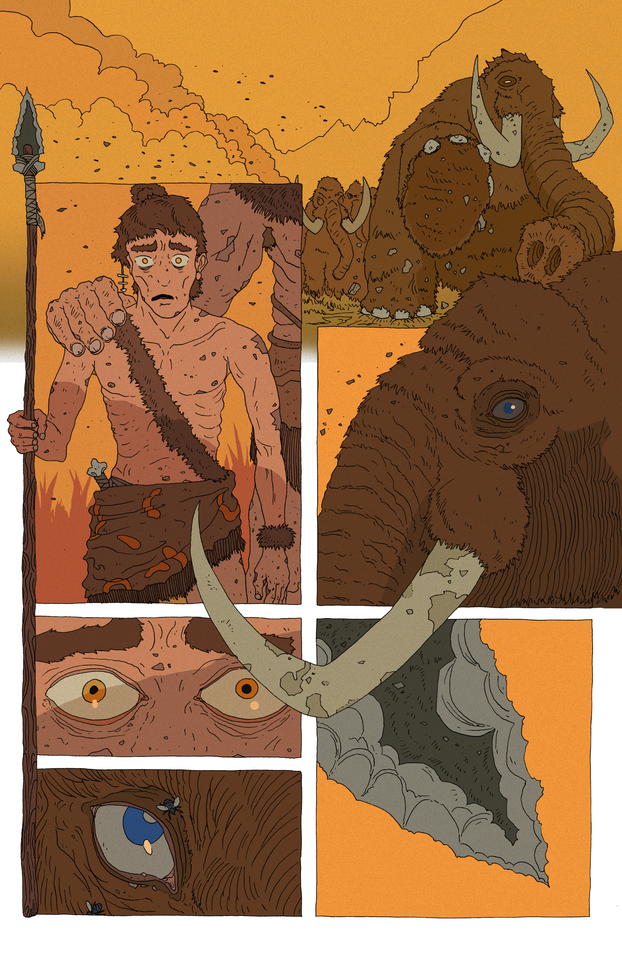 Illustrated comic panel showing a fur-clad caveman facing a large horned mammoth-like creature, with close-ups of their eyes and a spear.