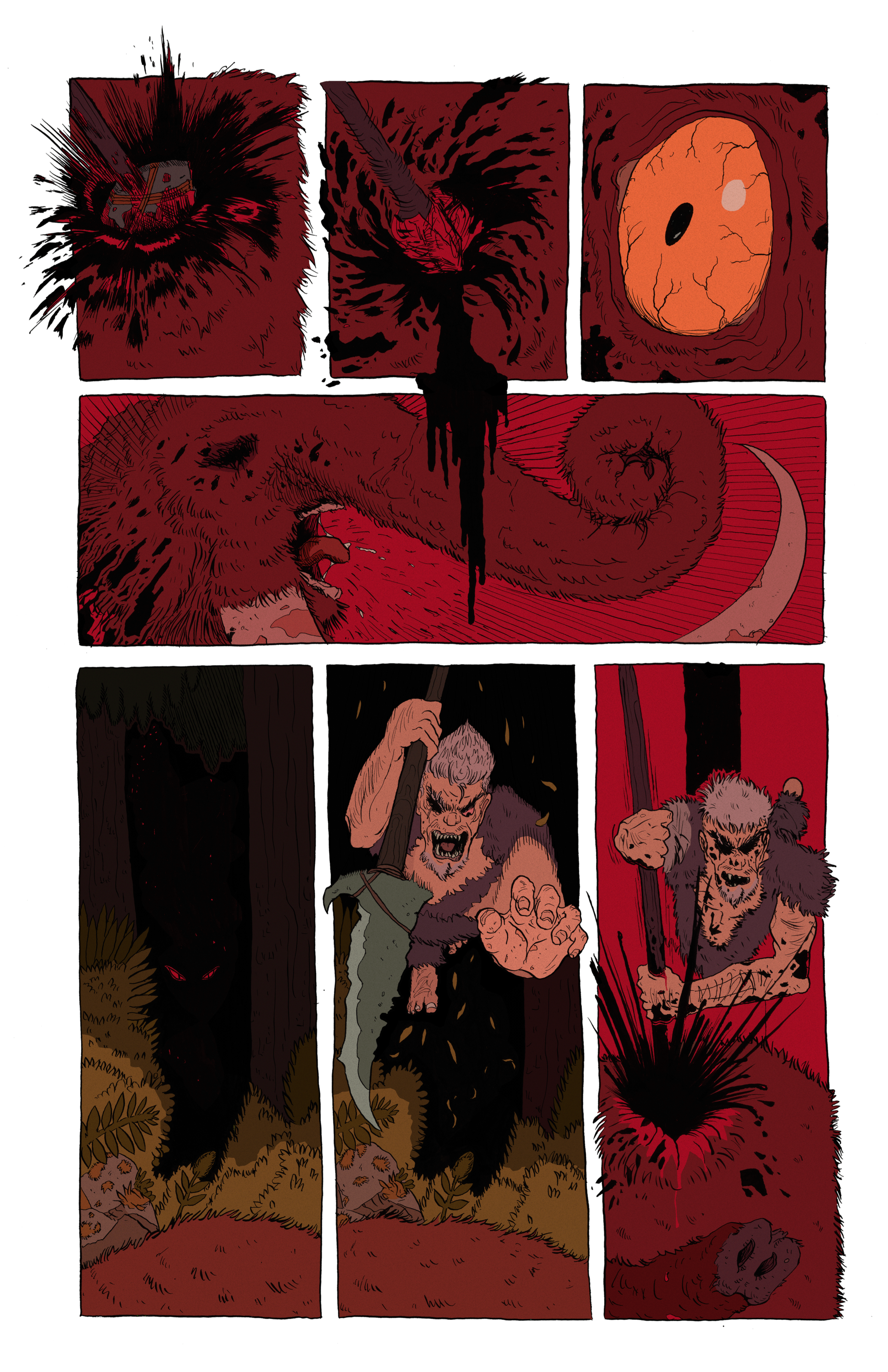 Dark fantasy comic panel collage showing a horned furry monster, glowing orange egg-like object, shadowy forest creature, and a snarling goblin-like warrior carrying a baby.