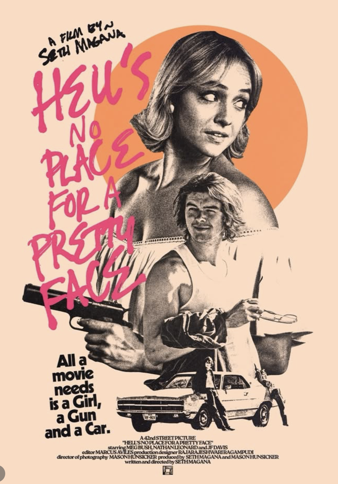 Vintage-style movie poster for Hell’s No Place for a Pretty Face, featuring two women, a gun, and a car