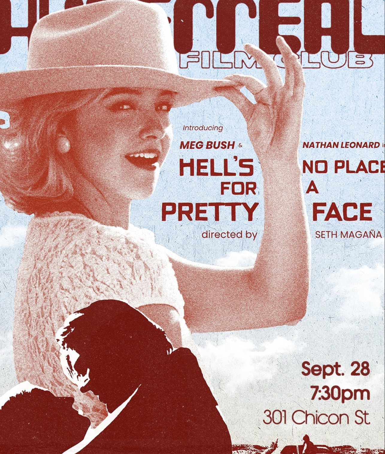 Vintage red-and-blue film club poster featuring a woman in a wide-brimmed hat, promoting “Hell’s for Pretty” on Sept. 28 at 7:30 p.m. at 301 Chicon St.