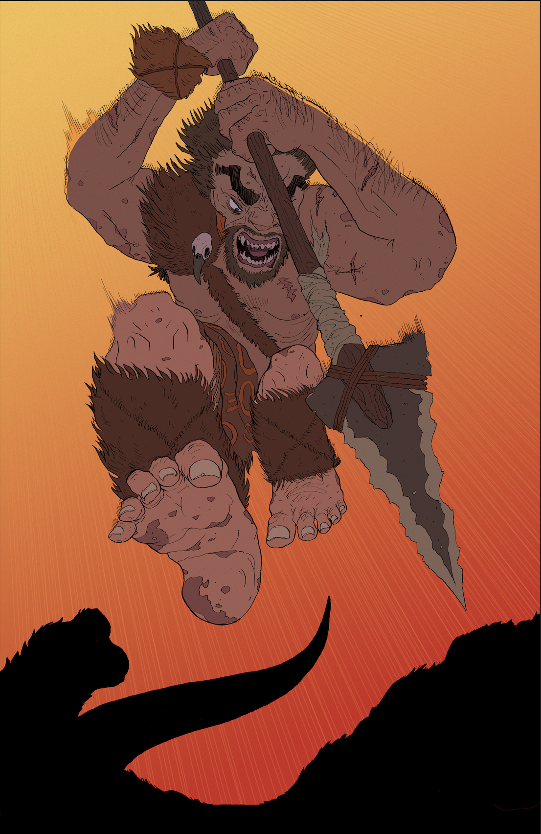 Illustrated giant ogre warrior with a club and axe leaping against an orange background