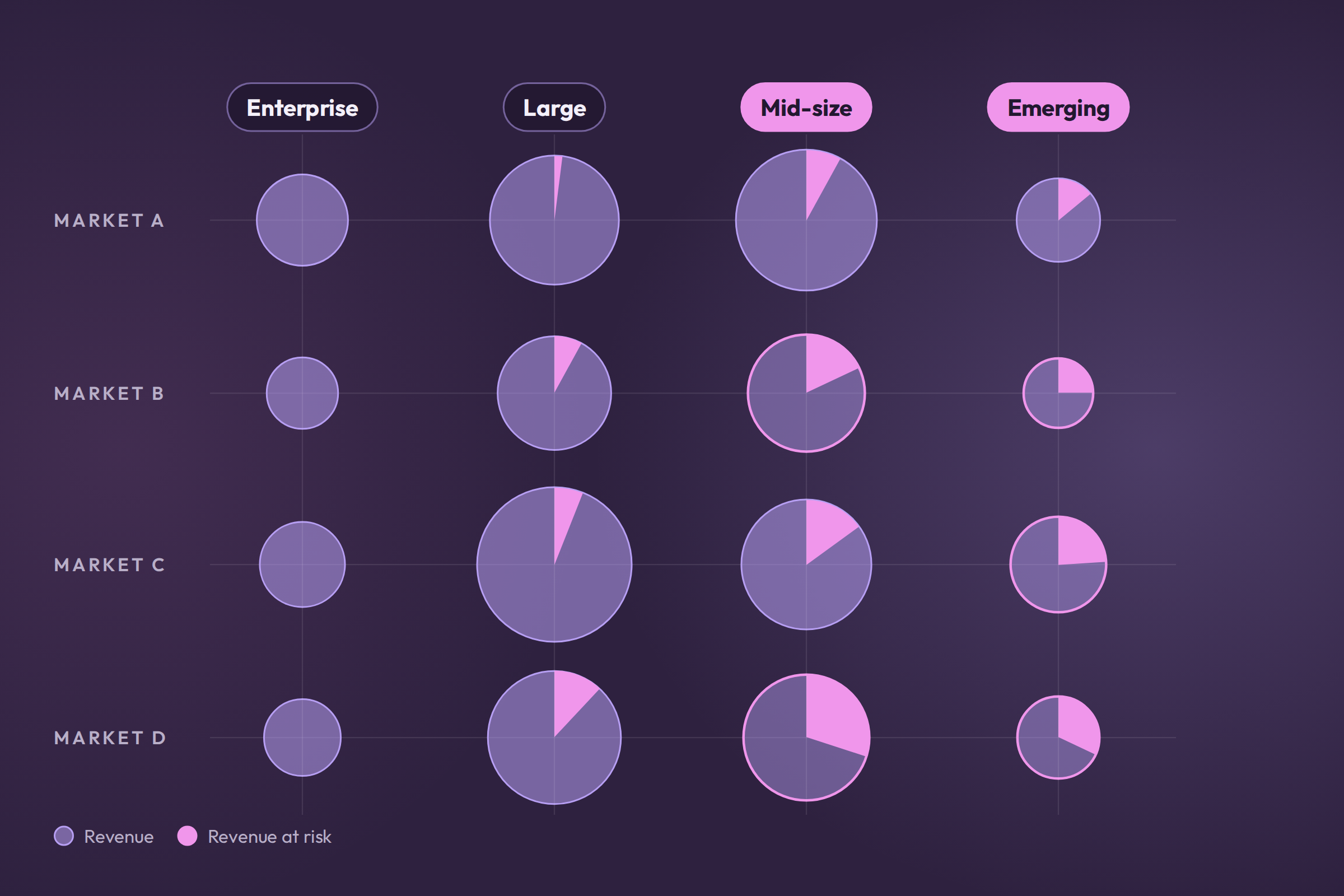 Comparison of revenue and revenue at risk across different market sizes (Enterprise, Large, Mid-size, Emerging, DUMMY DATA) shown in purple and pink pie charts.
