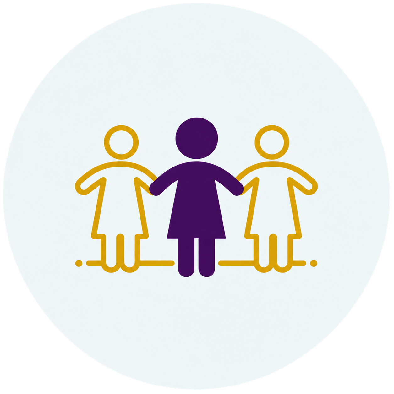 Icon of three people holding hands, with the middle figure in purple and the outer figures in yellow.