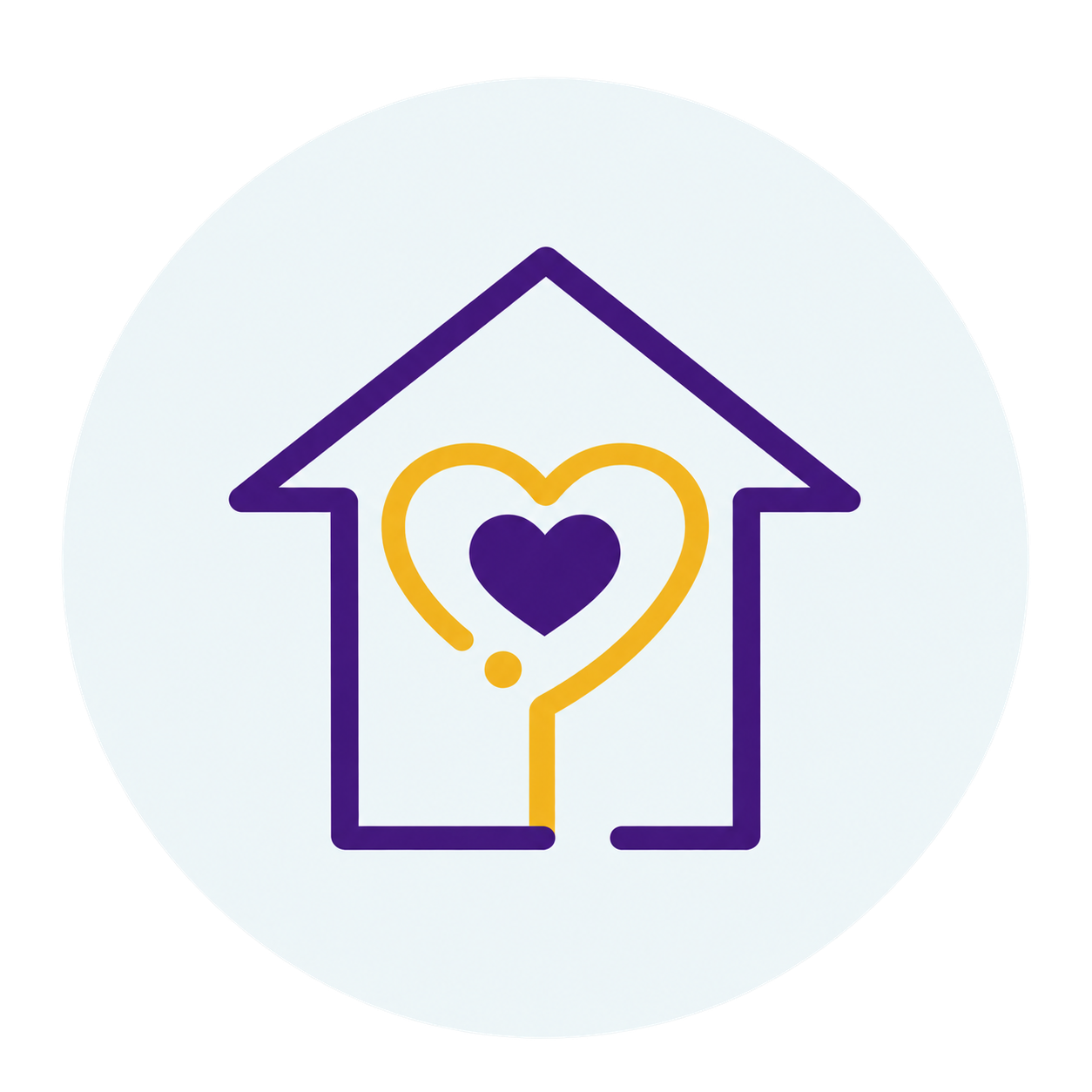 Outline of a house with a heart inside, done in purple and yellow lines, symbolizing home and love.