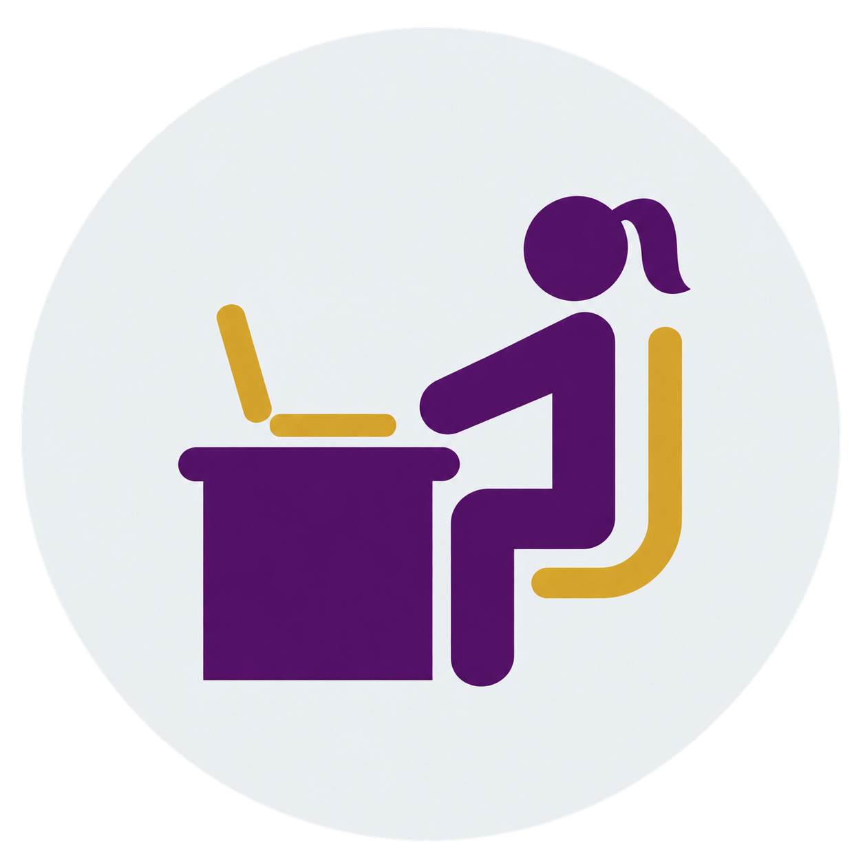 Icon of a person sitting at a desk with a laptop open, in purple and yellow colors