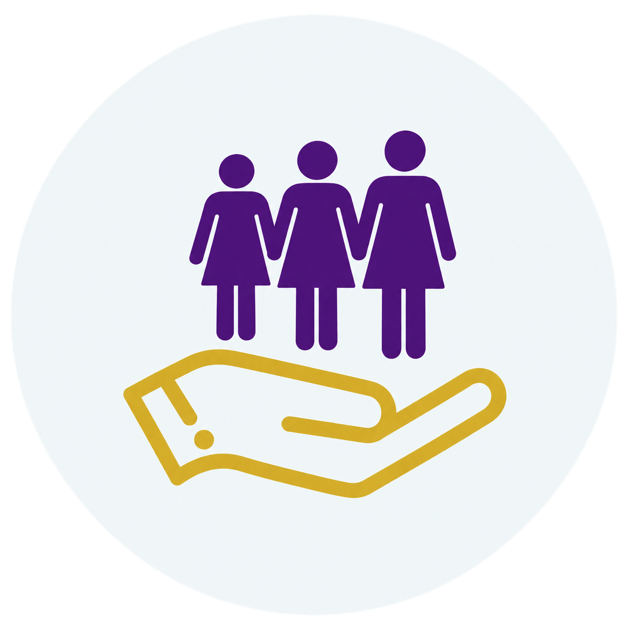 Icon of three women standing together above a yellow hand or palm, symbolizing care or support for women.