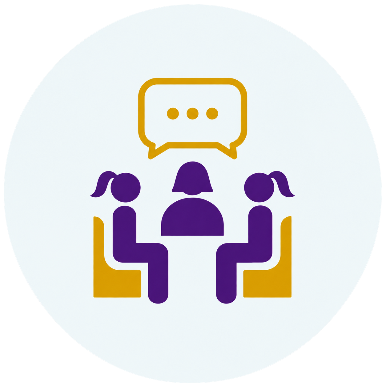 Illustration of three people sitting around a table having a conversation, with a speech bubble above them.