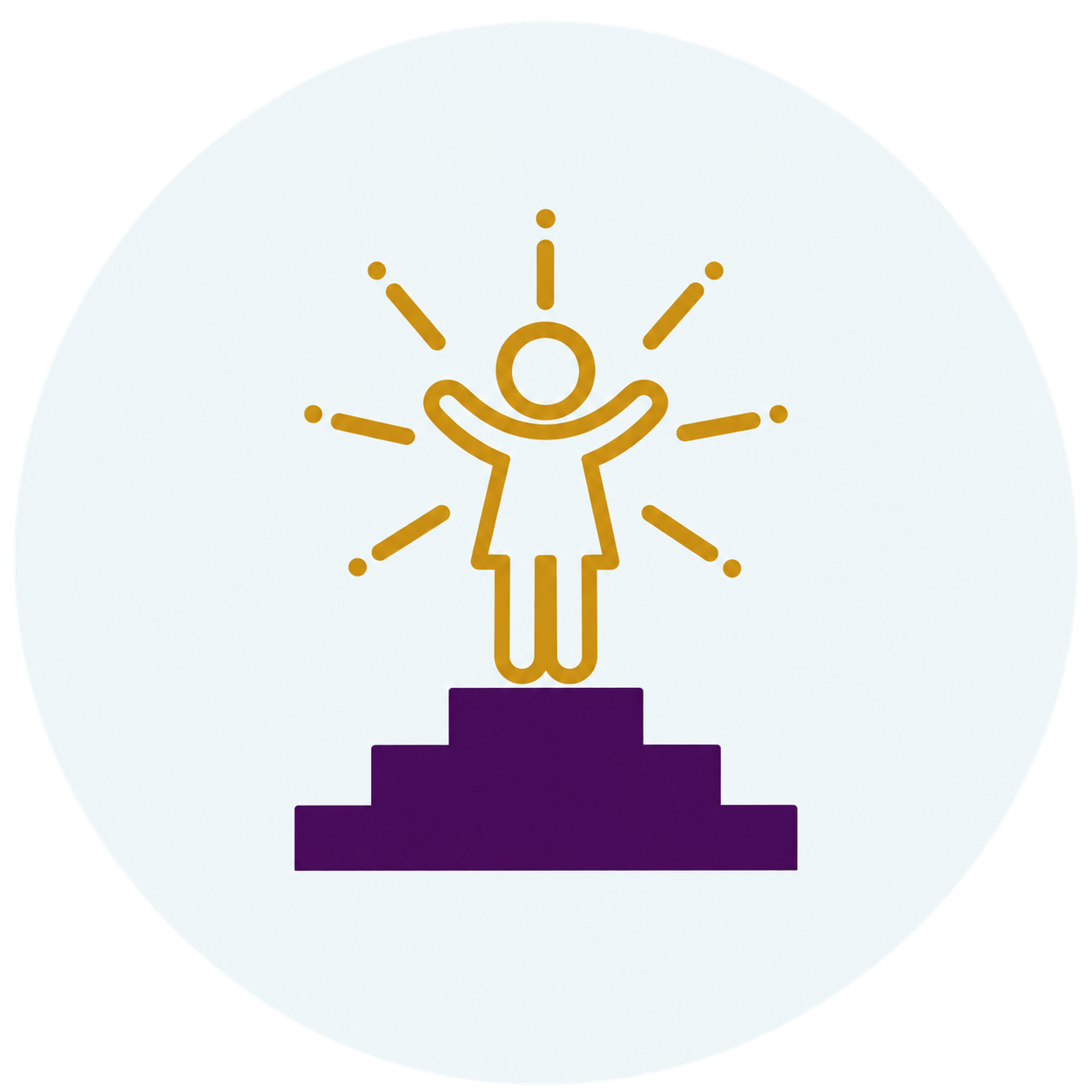 A stylized icon of a happy person standing on a purple podium, with arms raised, surrounded by radiating lines indicating energy or light.