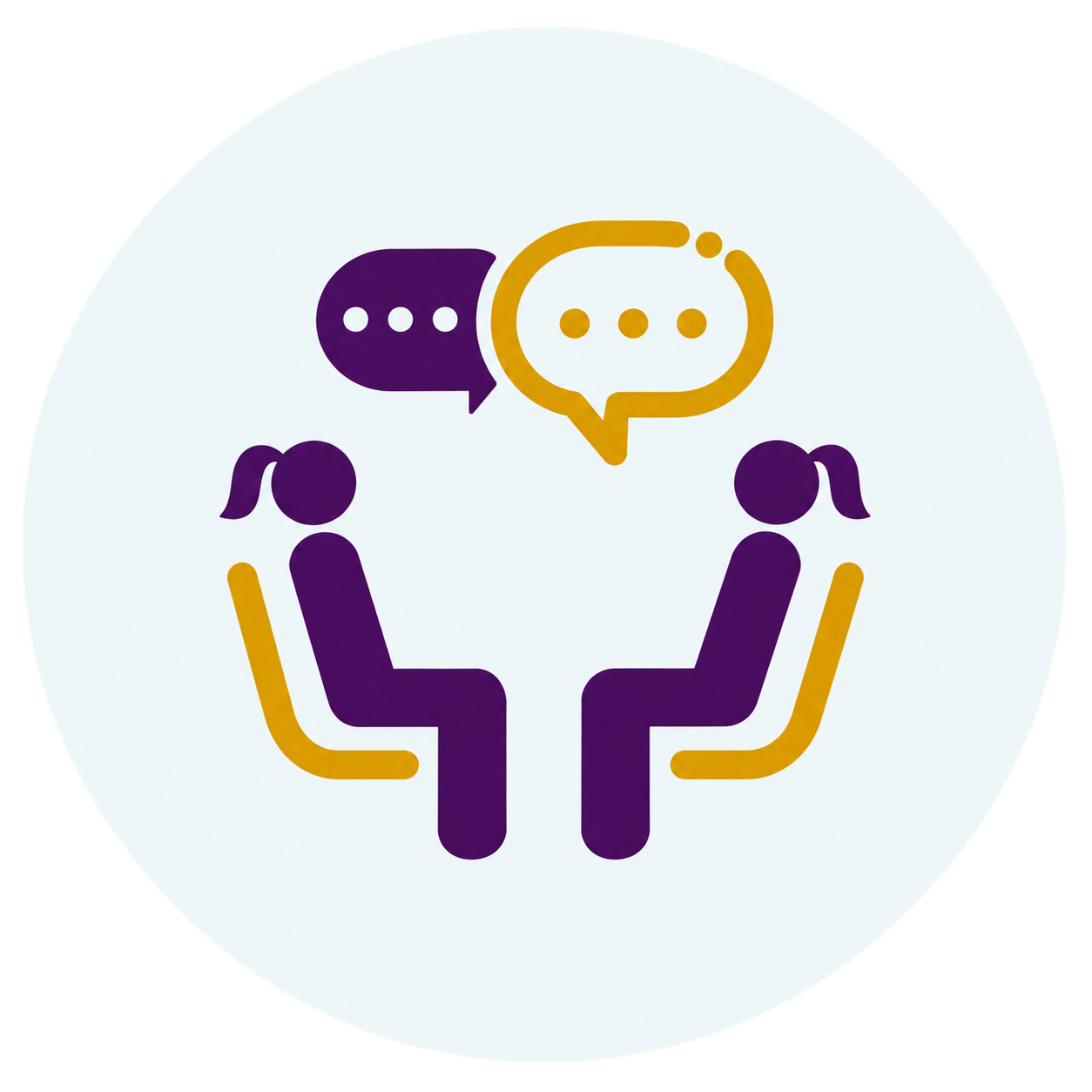 Illustration of two people sitting across from each other having a conversation, with speech bubbles above their heads.