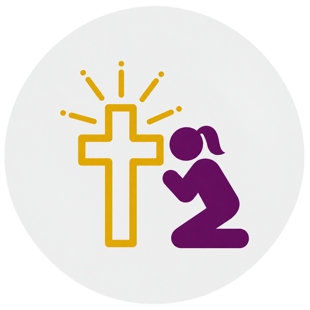 Illustration of a person praying in front of a cross with radiating lines, symbolizing faith and hope.