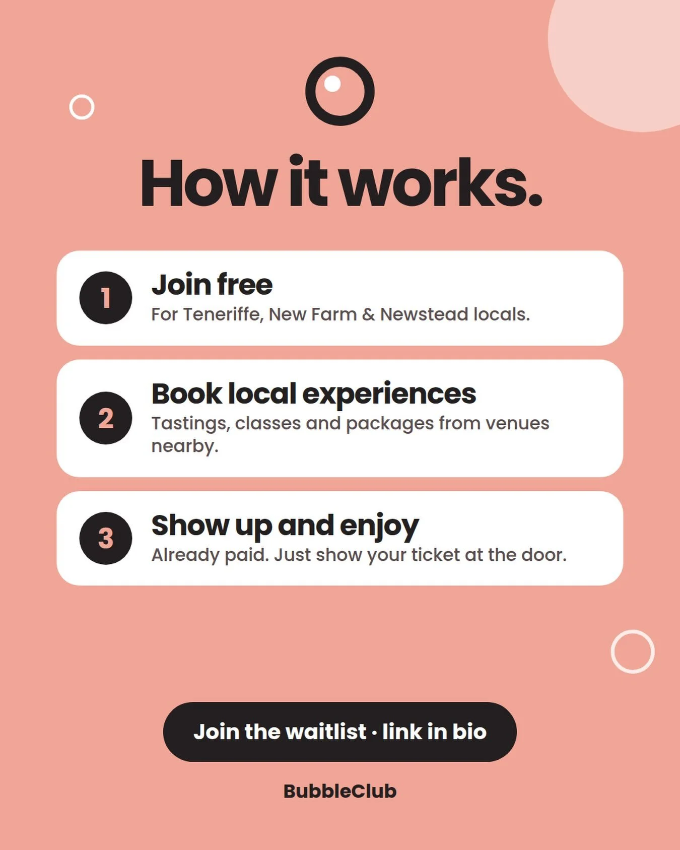 New here? Here&rsquo;s how BubbleClub works 👇

1. Join free if you live in Teneriffe, New Farm or Newstead

2. Book tastings, classes and packages from the venues on your doorstep

3. Show up and enjoy. It&rsquo;s already paid for.
Launching soon. 
