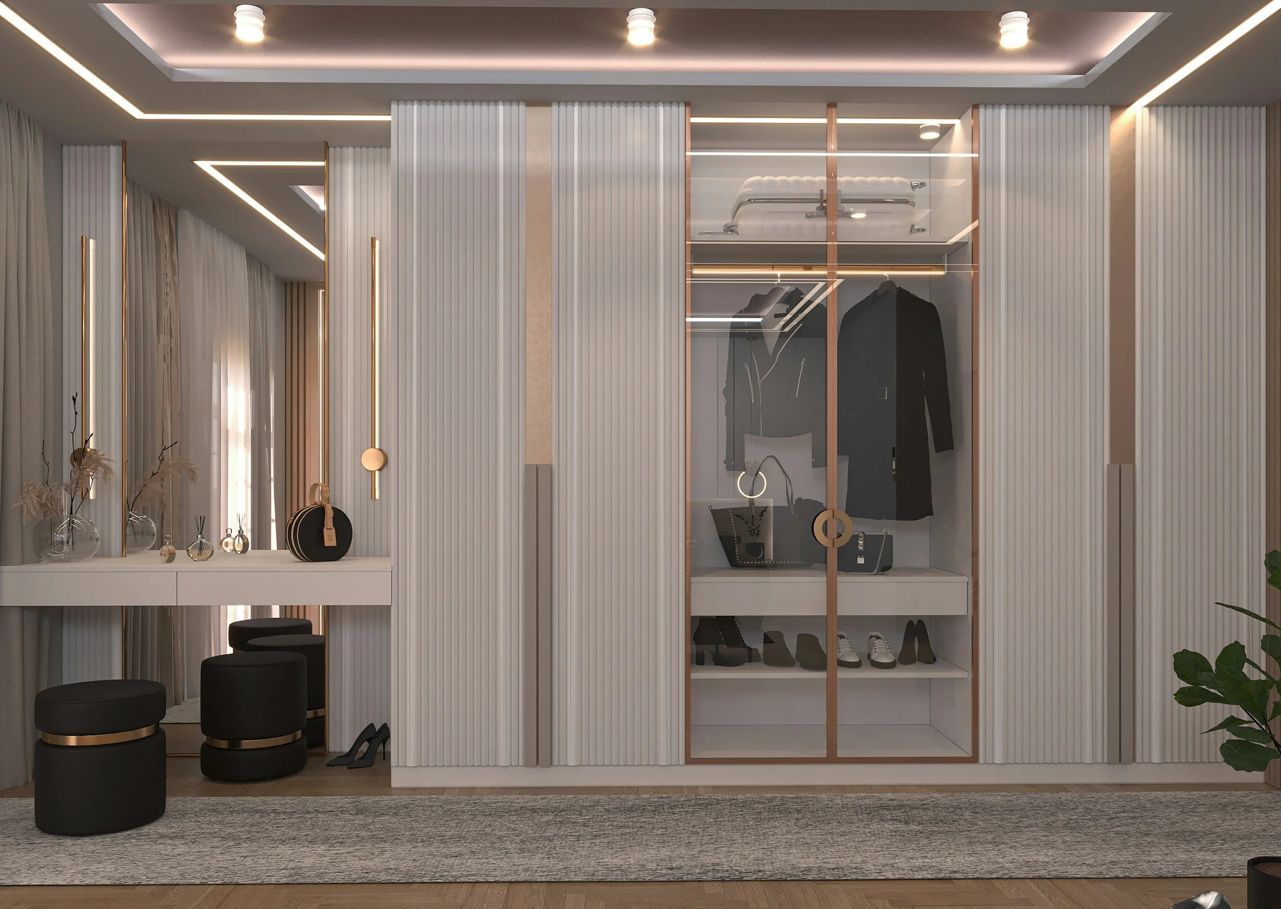 A modern walk-in closet with glass-front cabinetry displaying clothes, shoes, and accessories. The space features minimalistic decor with black and gold accents, a textured wall, and a gray rug. There are small black ottomans and decorative vases on a white shelf.