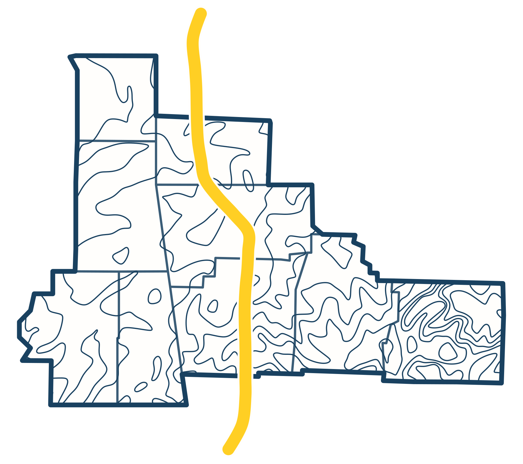 Artistic Ozarks elevation contours inside the nine-county region, crossed by the continuous gold I-49 corridor.