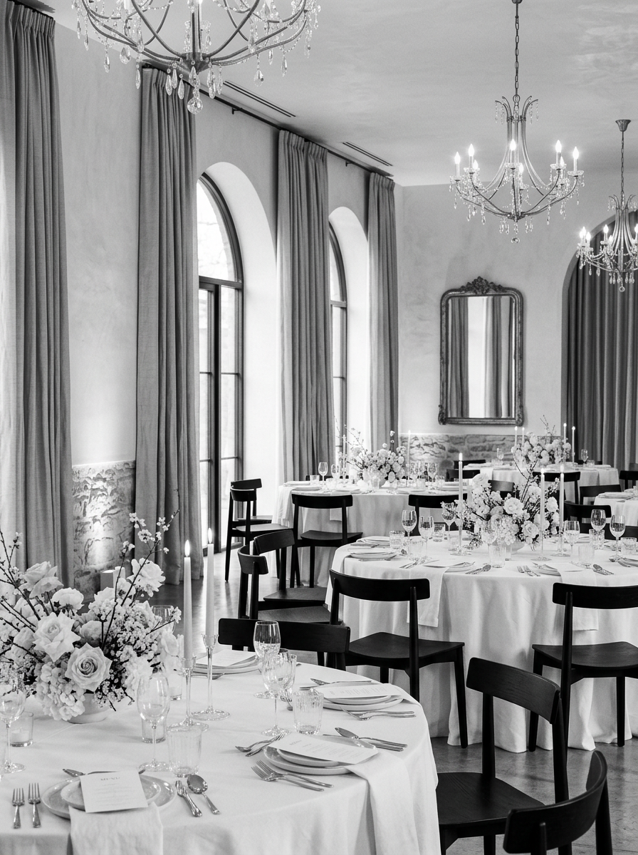 Elegant banquet room with round tables covered in white tablecloths, set with glassware, silverware, and napkins. Floral centerpieces and chandeliers hang from the ceiling, with large arched windows and curtains along the walls.