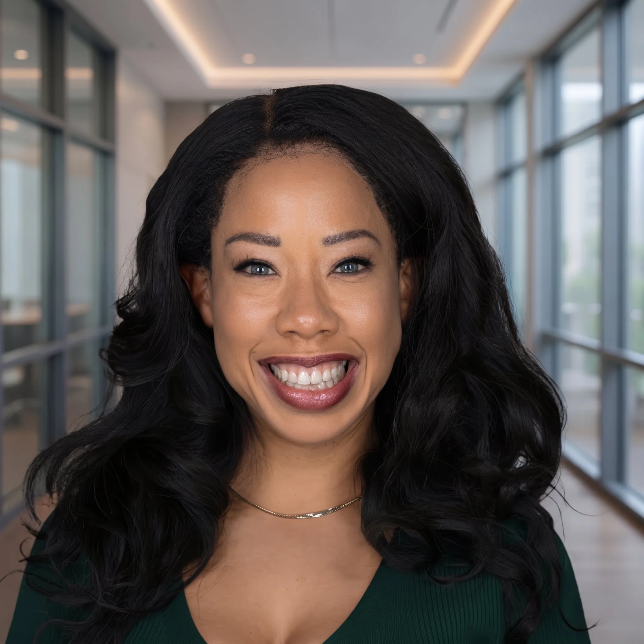 Close-up of a woman smiling with straight black hair, wearing a dark green top and a thin necklace, in a modern indoor setting with large windows in the background.
