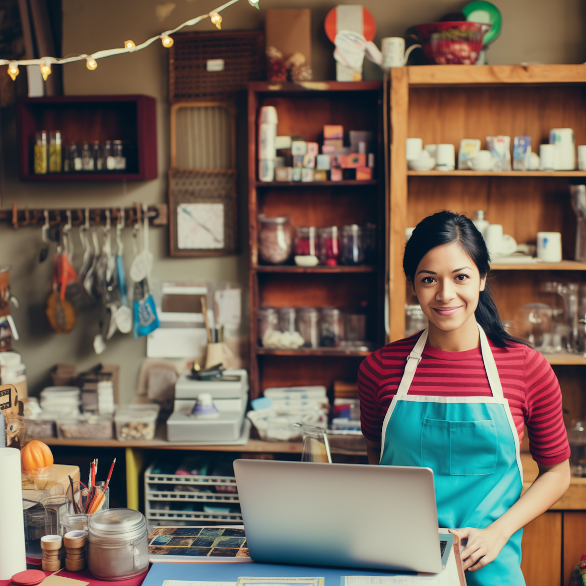 A smiling woman in a red and black striped shirt and turquoise apron standing behind a counter in a cozy store or café, with shelves of cups, jars, and various items in the background.