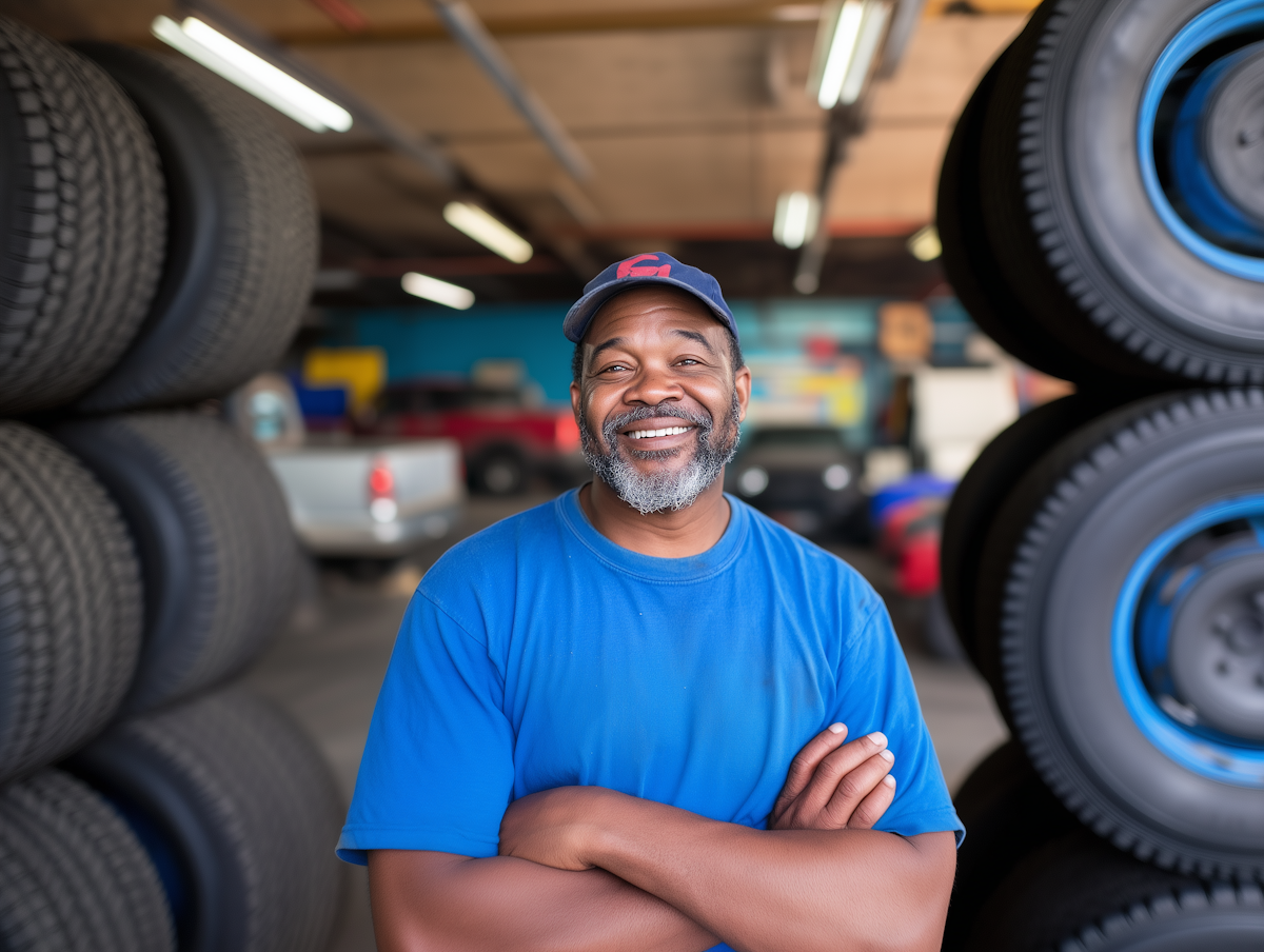 A smiling man with a beard, in a blue shirt and cap, standing between stacks of tires in an auto shop or garage.
