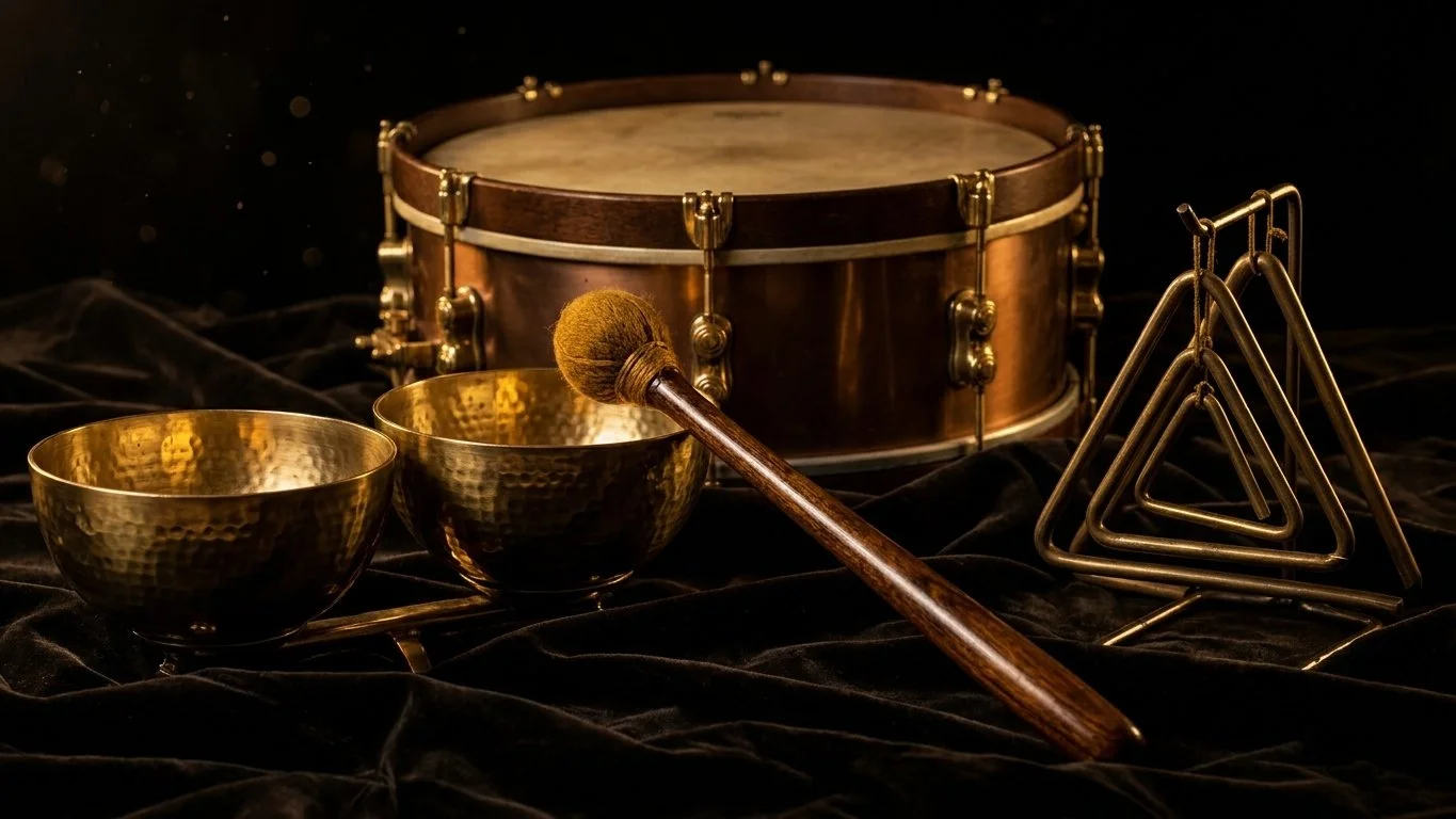 Percussion musical instruments including a timpani in the background, two golden cymbals, a mallet, and triangular metal hangers on black fabric.