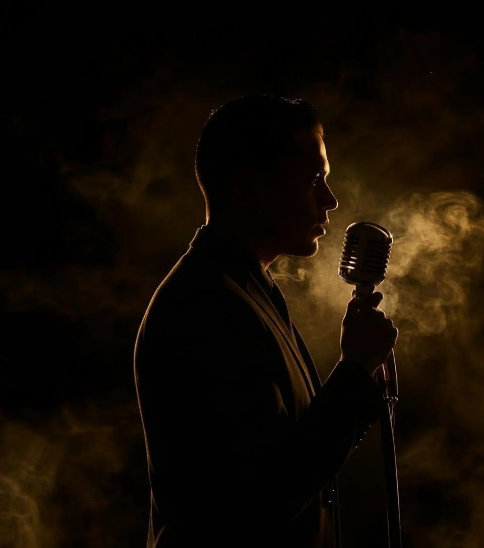 Silhouette of a man holding a vintage microphone, backlit with warm light, with smoke swirling around him, creating a dramatic and moody atmosphere.