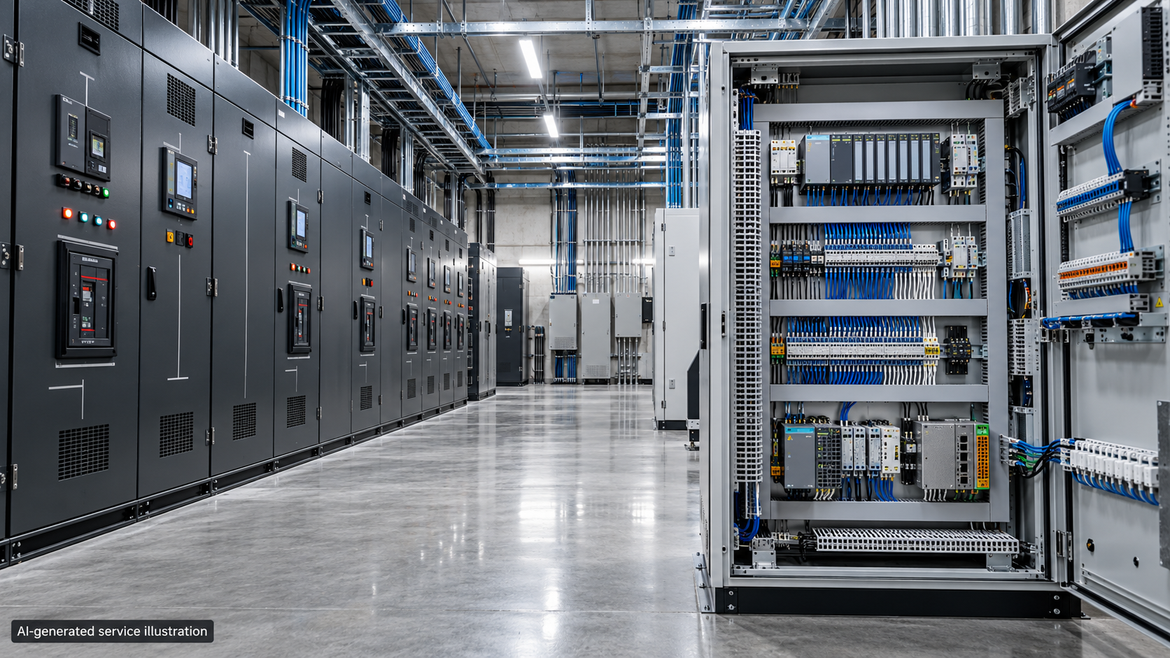 AI-generated service illustration of electrical switchgear and a PLC controls cabinet; not a Nova Works project photograph.