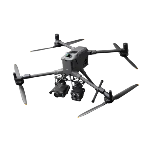 A professional drone with multiple rotors and a mounted camera or sensor for aerial imaging.