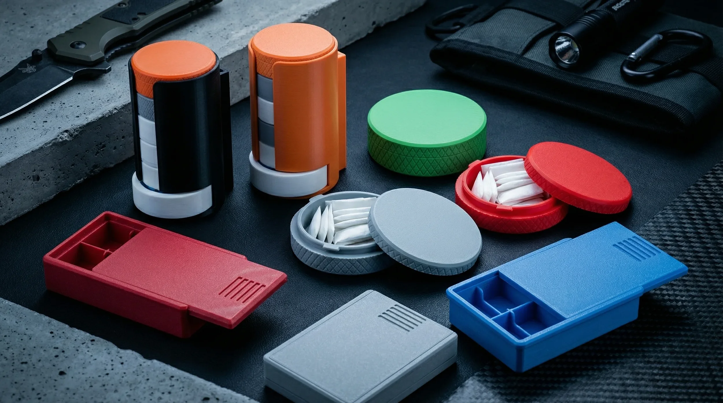 OZ3DPrint 3D printed nicotine pouch tins, dispensers and organizers in multiple colors