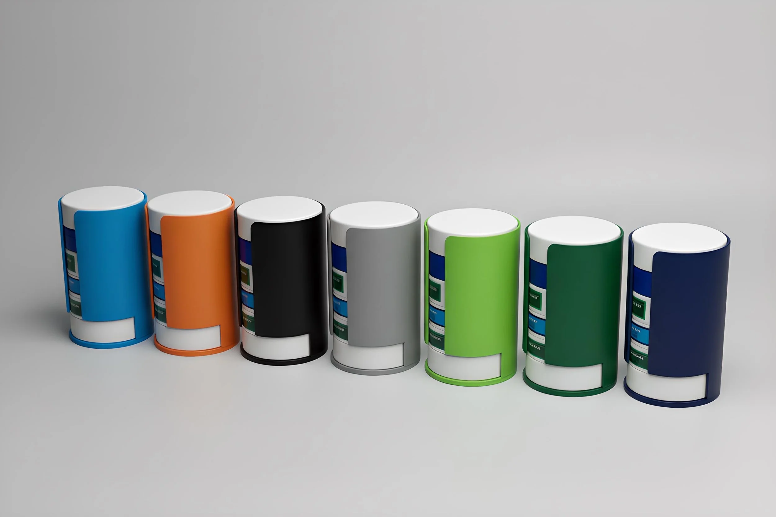 6-tin dispenser holder with six colorful 3D-printed nicotine pouch tins standing upright in a row