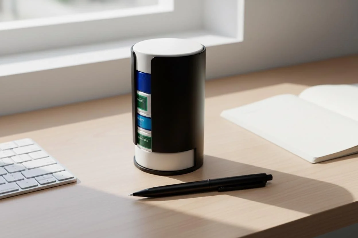 Black 3D-printed desk organizer holding six nicotine pouch tins