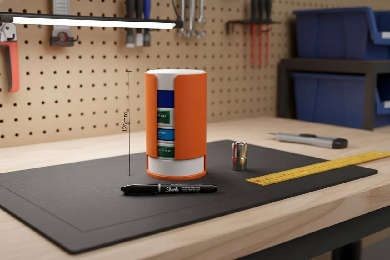 Orange and black 3D-printed gravity-fed dispenser for nicotine pouch tins