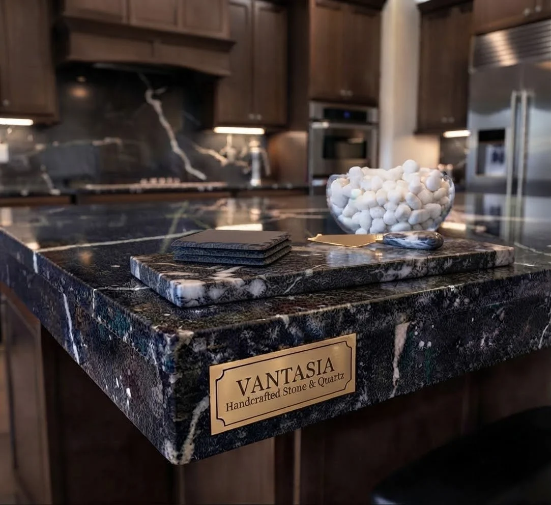 A black marble kitchen island with a sign reading 'VANTASIA Handcrafted Stone & Quartz' attached to the front. On the island, there are several black coasters, a gold-colored rendering knife, and a bowl filled with white decorative stones. The background shows wooden kitchen cabinets, a stainless steel refrigerator, and built-in appliances.