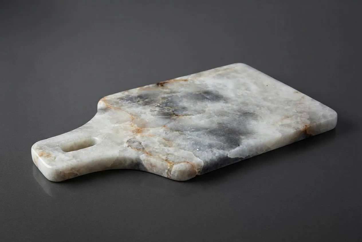 A rectangular marble cutting board with a handle on a dark gray surface.