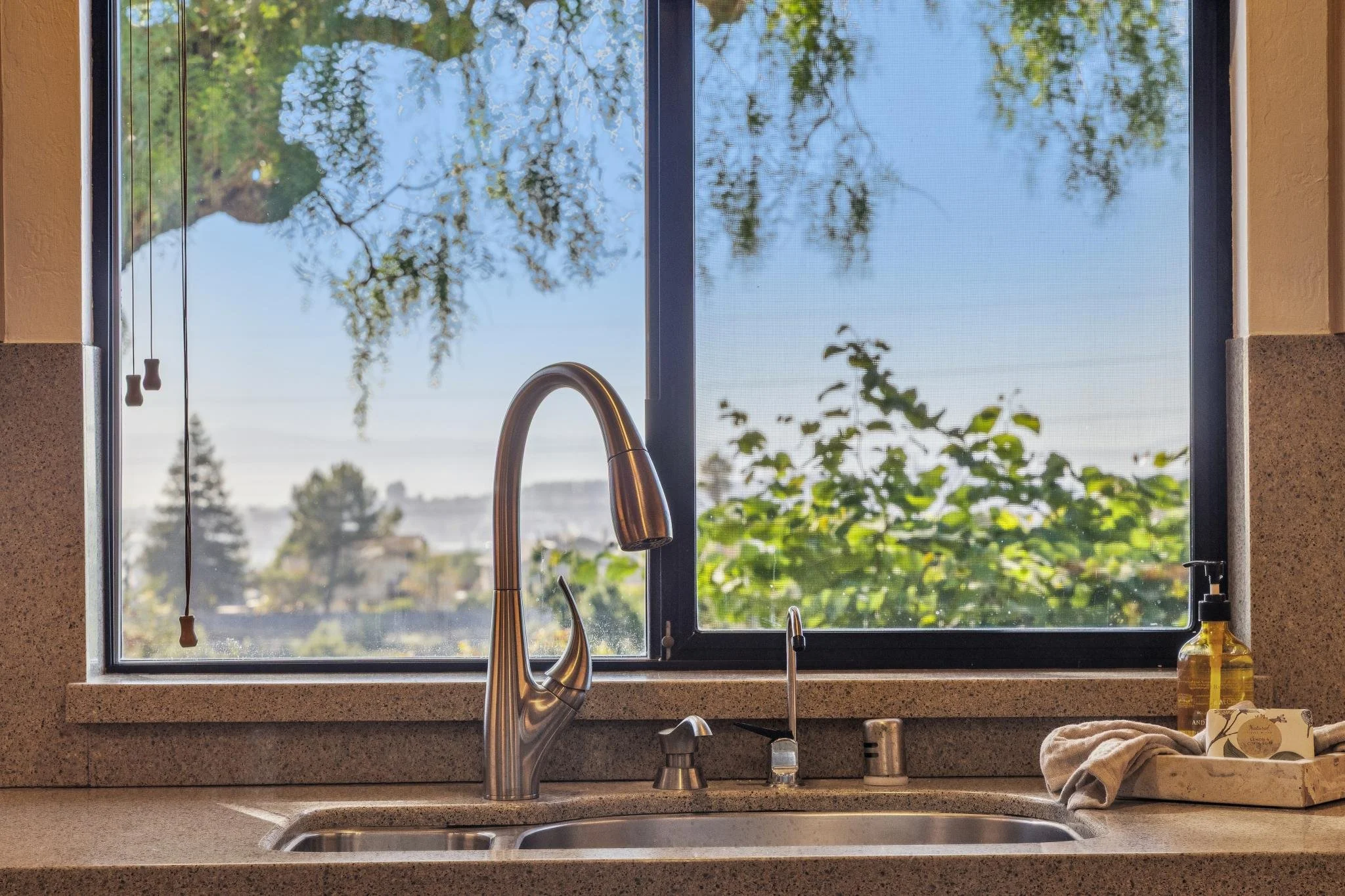 A kitchen window with a view of trees and a blue sky. The kitchen counter below the window has a stainless steel sink, a modern faucet, soap dispenser, a white towel, and a box of tissues.