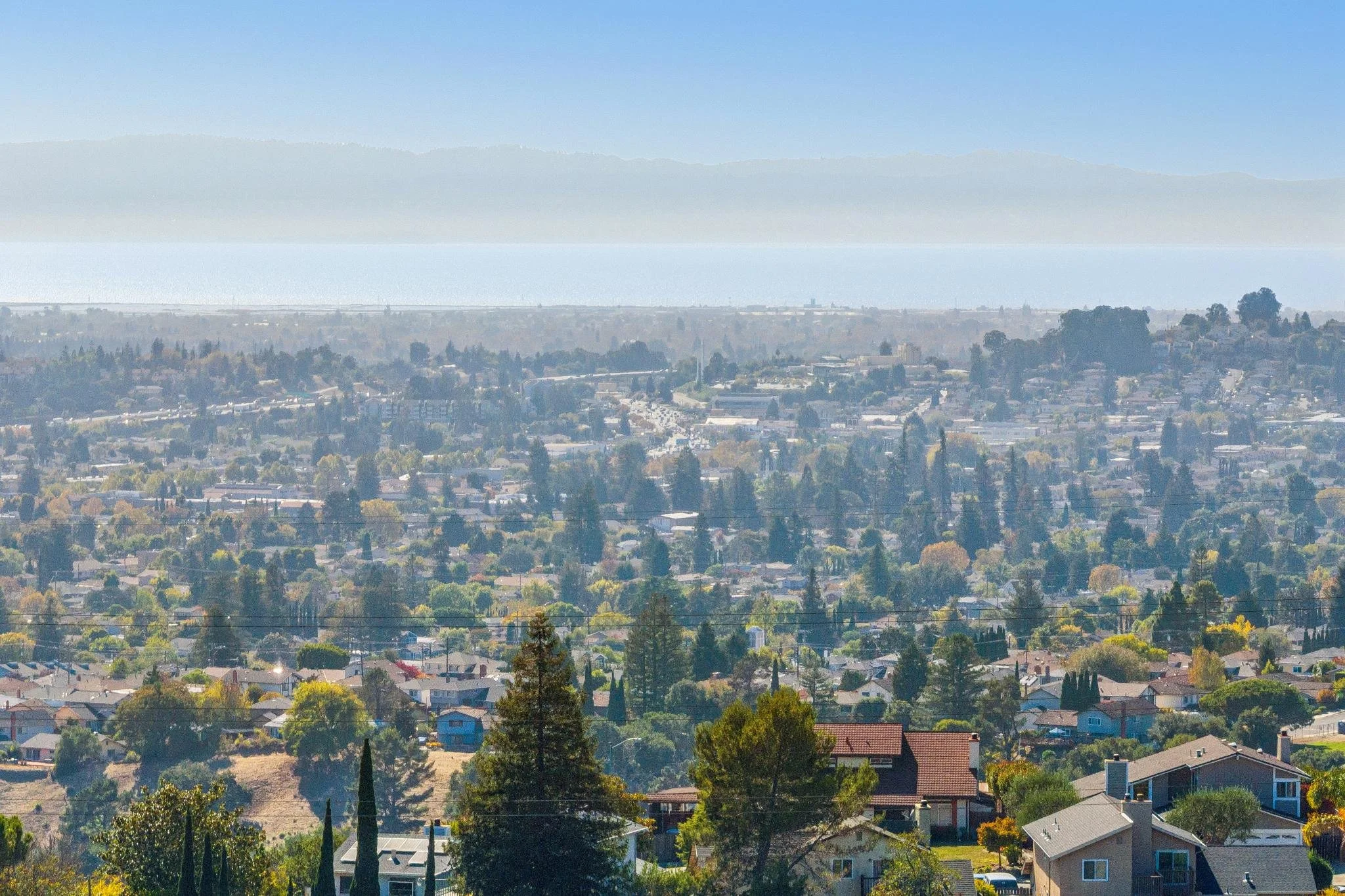 Scenic cityscape view with houses, trees, and distant mountains under a clear blue sky.