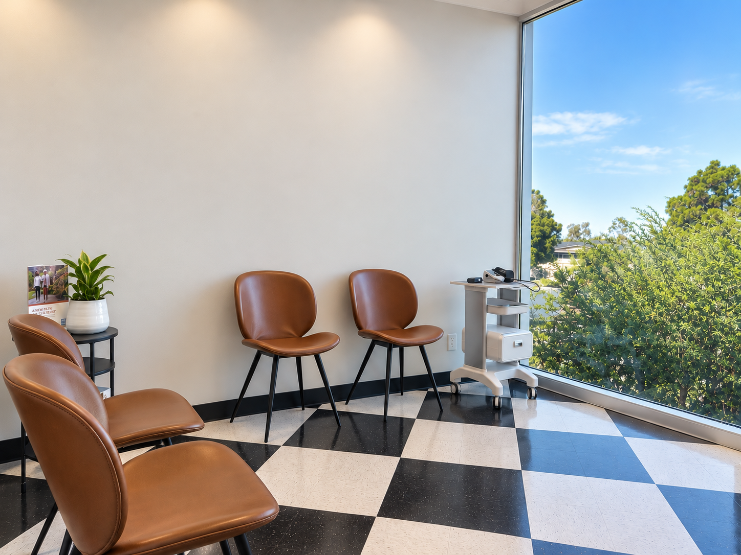 Doctor's waiting room with brown leather chairs, a small black table with a plant and a photo, and a mobile medical cart near a large window with a view of trees and houses.