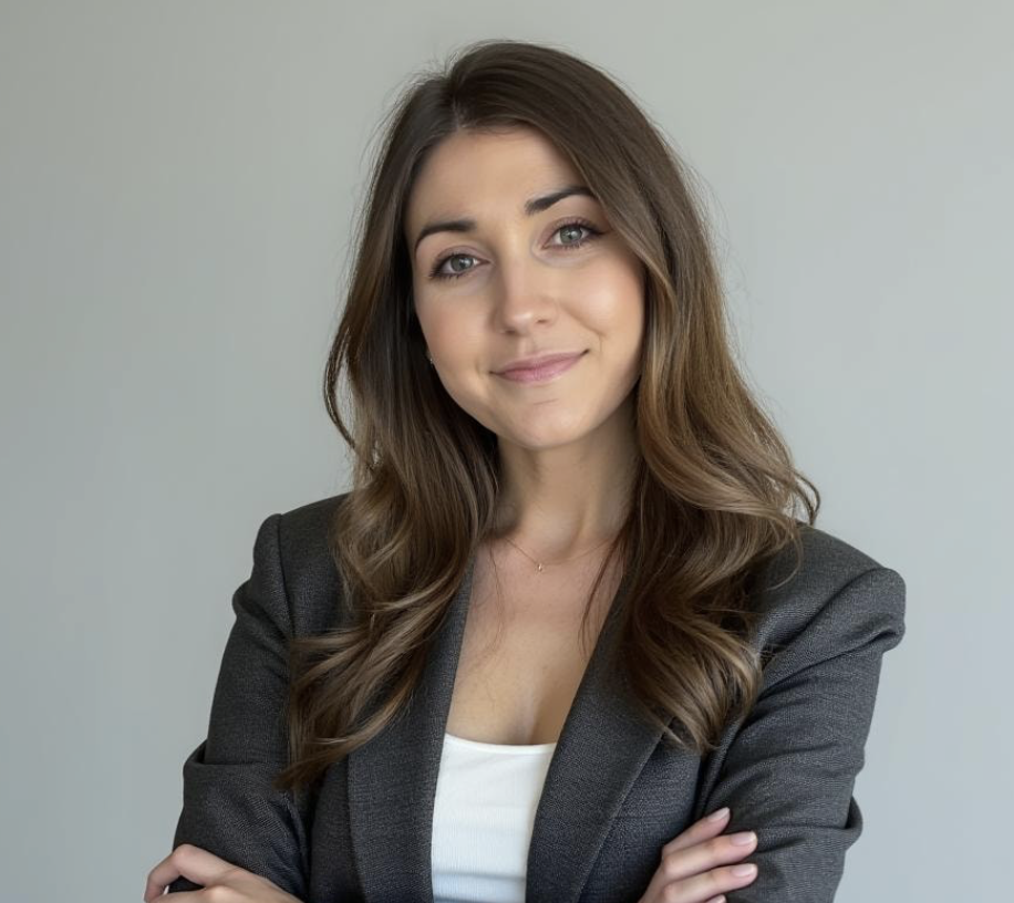 Portrait of a young woman with light skin, long wavy brown hair, wearing a dark blazer and white top, smiling with folded arms against a plain background.
