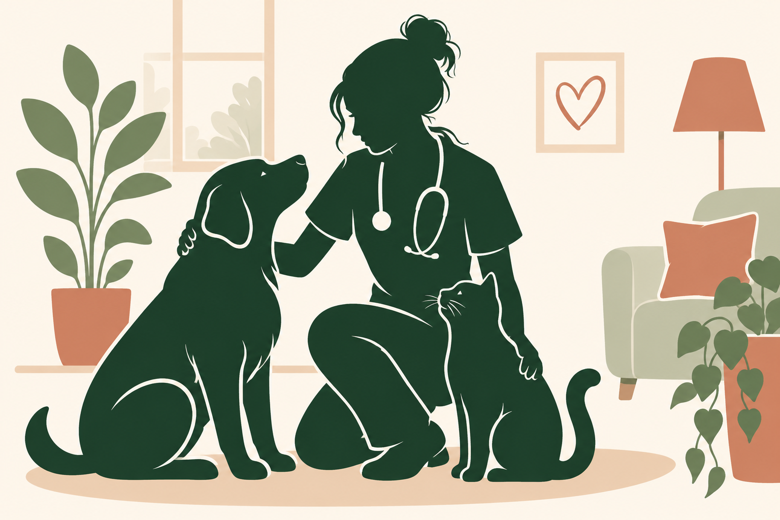 Veterinary surgeon caring for dog and cat in a home setting