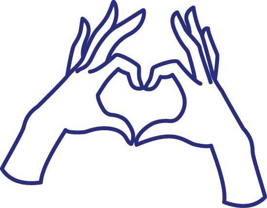 Blue outline illustration of two hands forming a heart shape