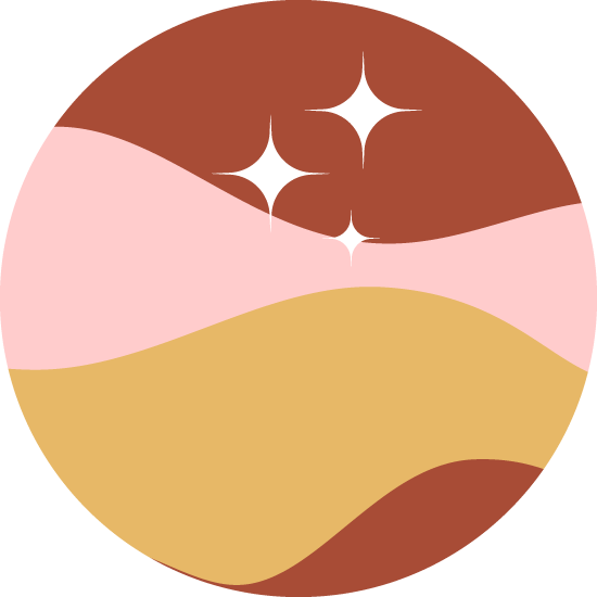 Abstract circular landscape illustration with rolling pink and golden hills, a rust-red sky, and white sparkling stars